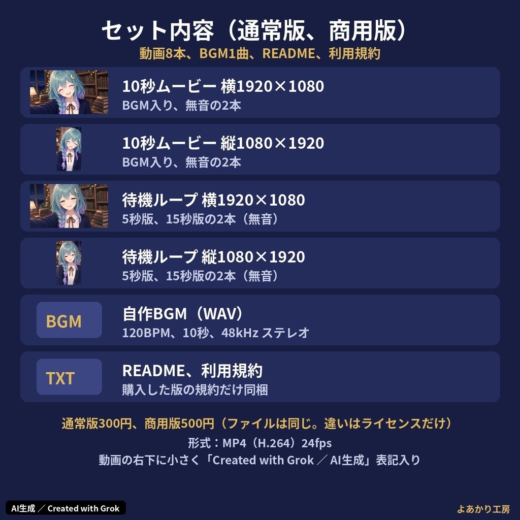 【動くキャラ素材】夜灯しおり 夜の図書館から自撮りムービー|縦横MP4・待機ループ15秒付き|配信待機画面・ショート動画用