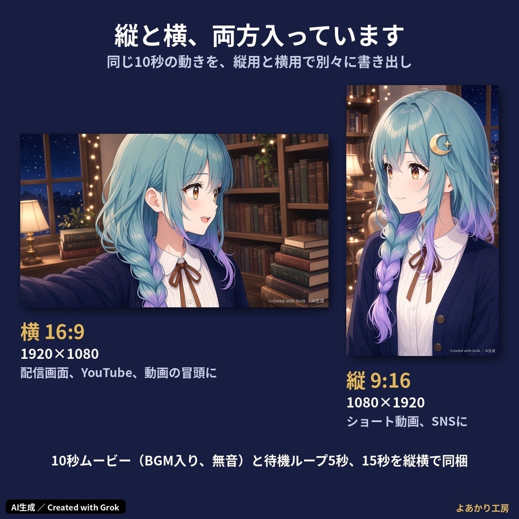 【動くキャラ素材】夜灯しおり 夜の図書館から自撮りムービー|縦横MP4・待機ループ15秒付き|配信待機画面・ショート動画用