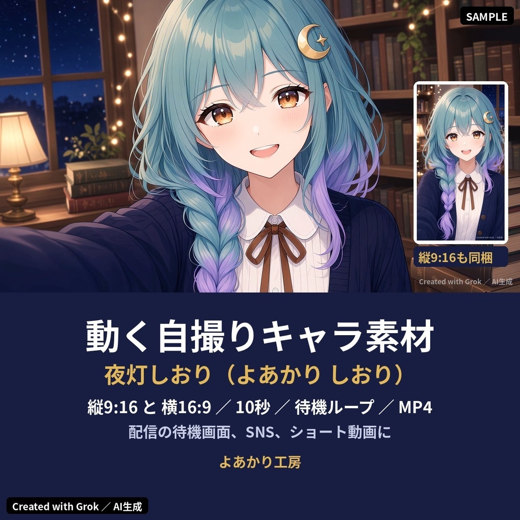 【動くキャラ素材】夜灯しおり 夜の図書館から自撮りムービー｜縦横MP4・待機ループ15秒付き｜配信待機画面・ショート動画用
