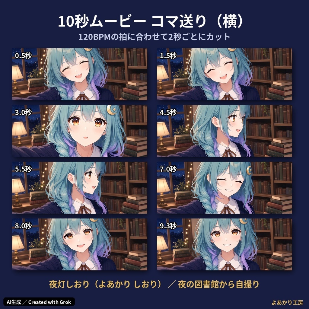 【動くキャラ素材】夜灯しおり 夜の図書館から自撮りムービー|縦横MP4・待機ループ15秒付き|配信待機画面・ショート動画用