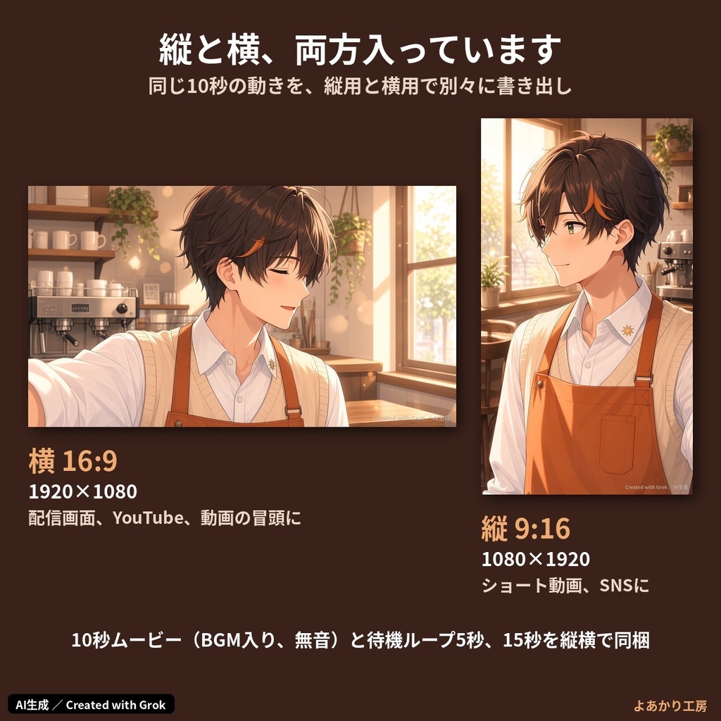 【動くキャラ素材】暁野ソウ 朝の喫茶店から自撮りムービー|縦横MP4・待機ループ15秒付き|朝活配信・ショート動画用