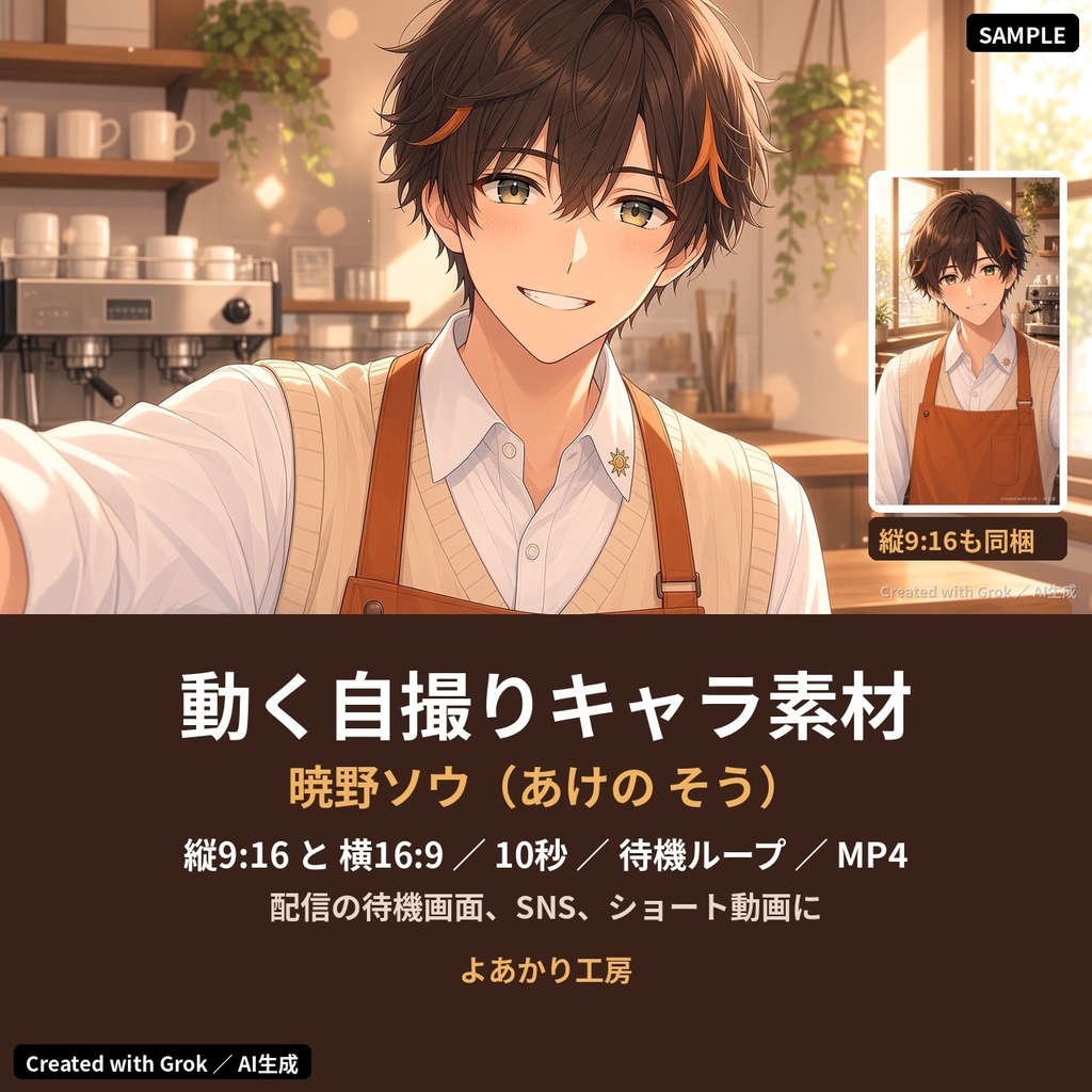 【動くキャラ素材】暁野ソウ 朝の喫茶店から自撮りムービー|縦横MP4・待機ループ15秒付き|朝活配信・ショート動画用