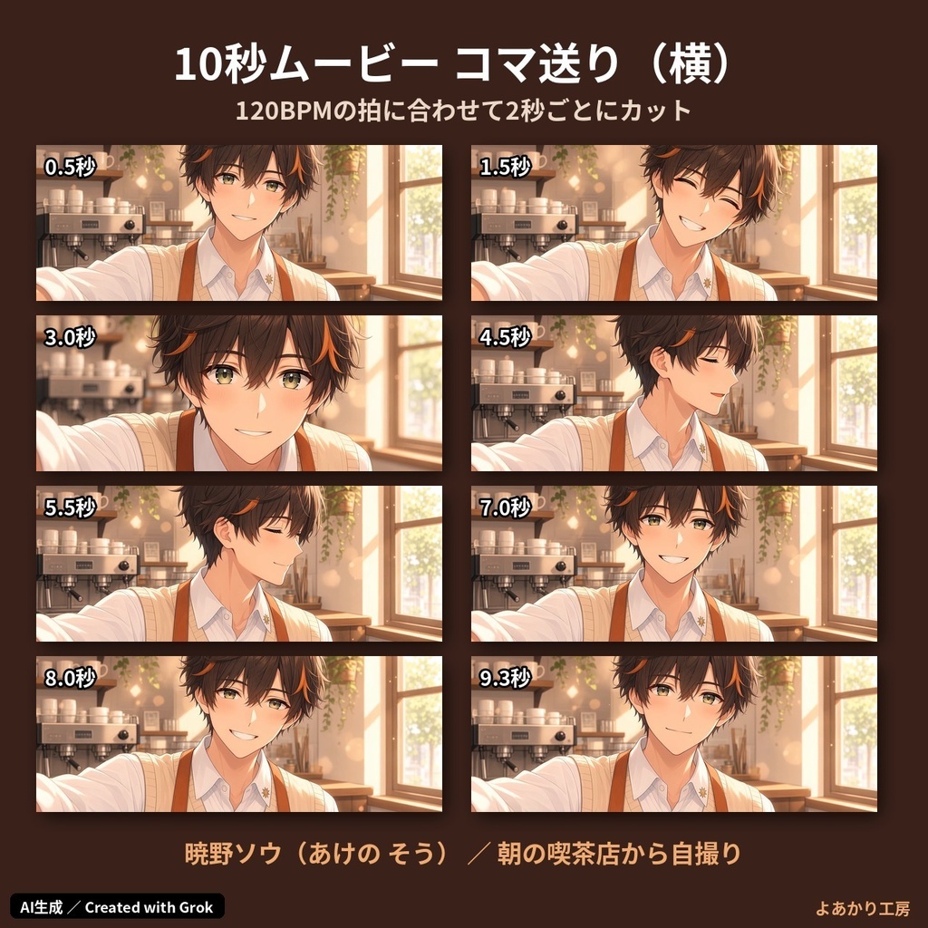 【動くキャラ素材】暁野ソウ 朝の喫茶店から自撮りムービー|縦横MP4・待機ループ15秒付き|朝活配信・ショート動画用