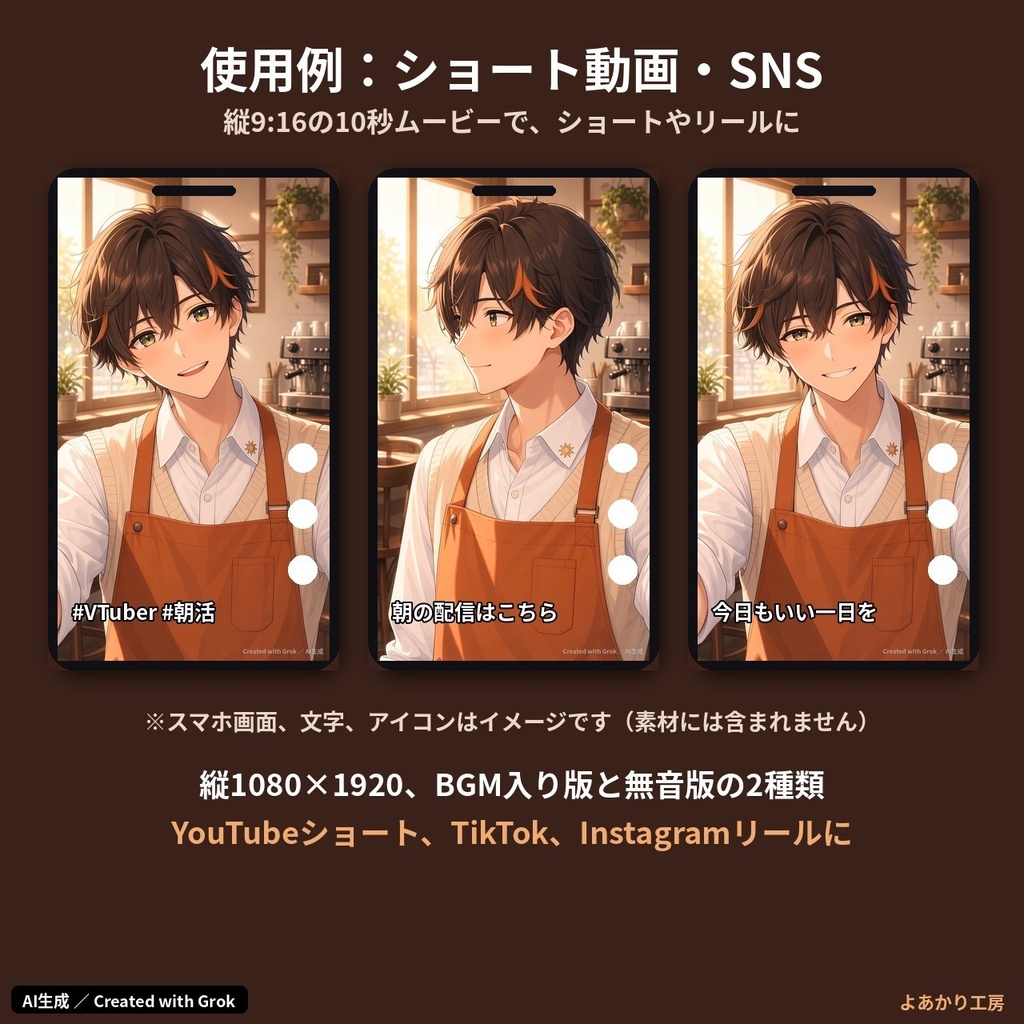【動くキャラ素材】暁野ソウ 朝の喫茶店から自撮りムービー|縦横MP4・待機ループ15秒付き|朝活配信・ショート動画用