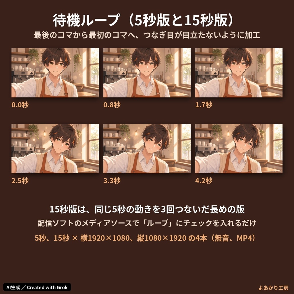 【動くキャラ素材】暁野ソウ 朝の喫茶店から自撮りムービー|縦横MP4・待機ループ15秒付き|朝活配信・ショート動画用