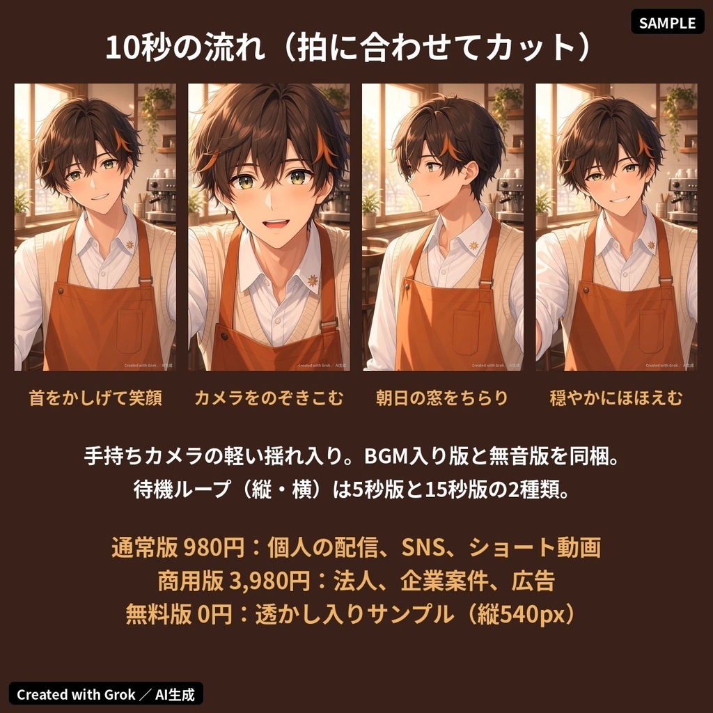 【動くキャラ素材】暁野ソウ 朝の喫茶店から自撮りムービー|縦横MP4・待機ループ15秒付き|朝活配信・ショート動画用