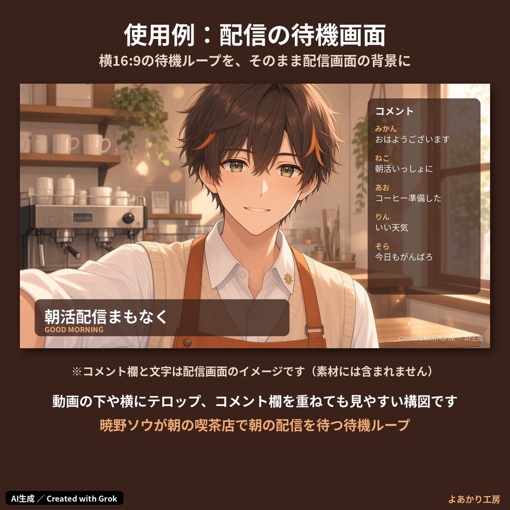 【動くキャラ素材】暁野ソウ 朝の喫茶店から自撮りムービー|縦横MP4・待機ループ15秒付き|朝活配信・ショート動画用