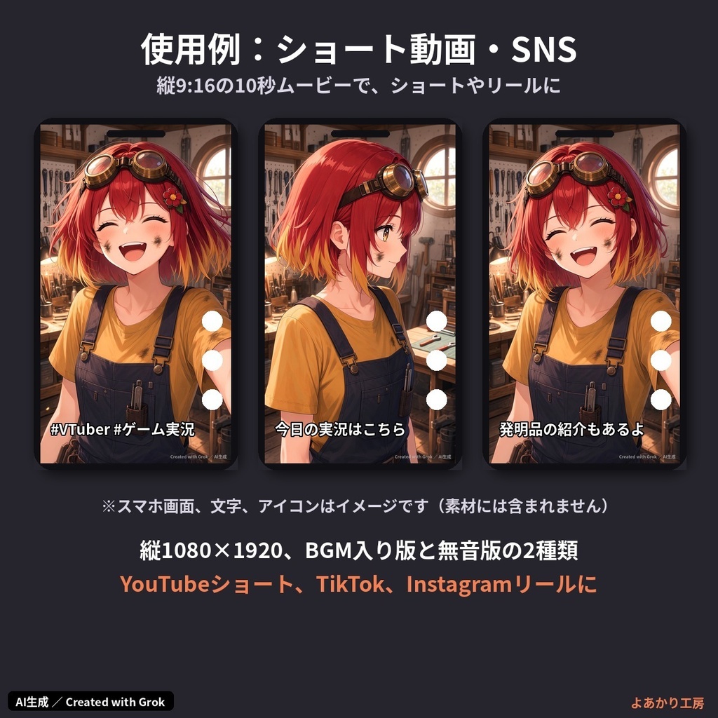 【動くキャラ素材】火打ツバキ 発明工房から自撮りムービー|縦横MP4・待機ループ15秒付き|ゲーム実況・ショート動画用