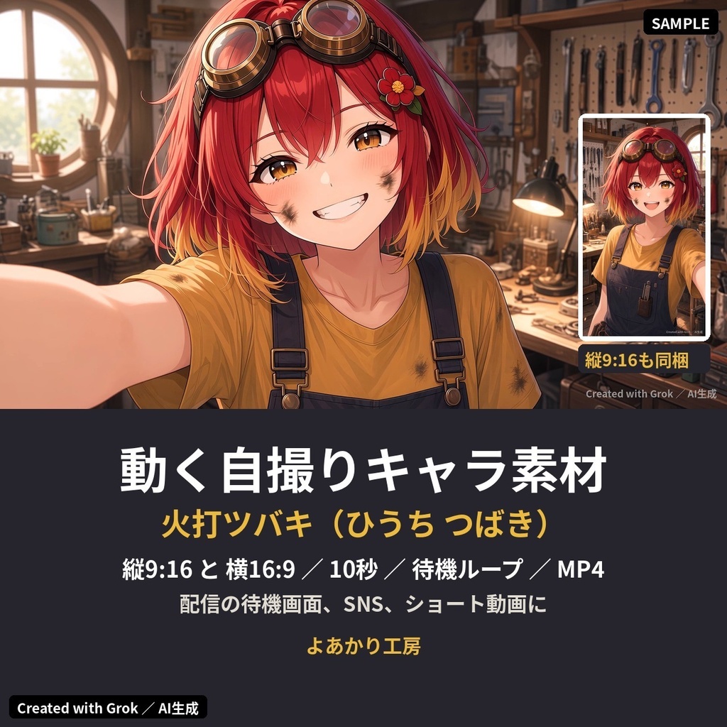 【動くキャラ素材】火打ツバキ 発明工房から自撮りムービー｜縦横MP4・待機ループ15秒付き｜ゲーム実況・ショート動画用