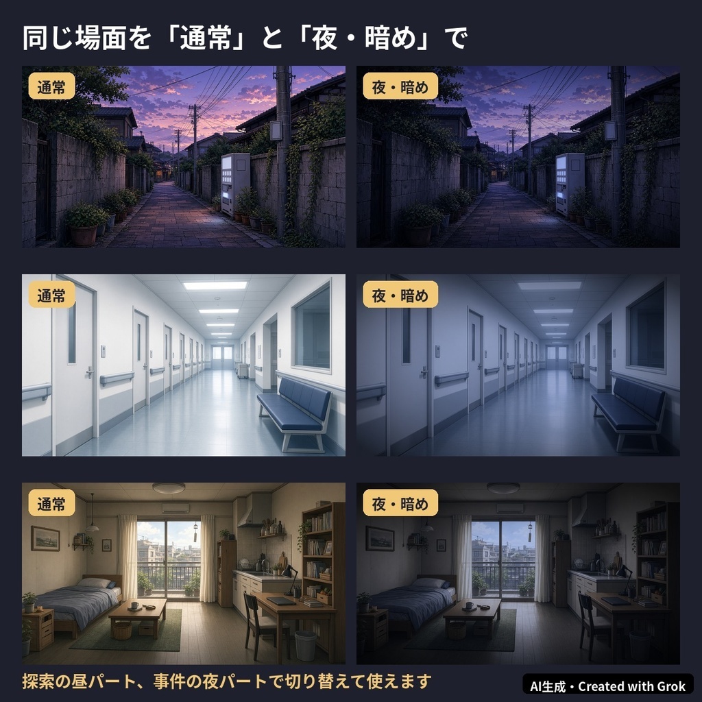 【TRPG・ココフォリア背景素材】現代日本の日常 32枚(教室、病院、駅、神社、廃屋ほか 通常+夜・暗め)【1920×1080/AI生成】