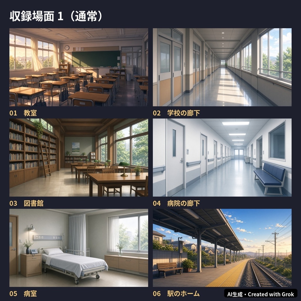 【TRPG・ココフォリア背景素材】現代日本の日常 32枚(教室、病院、駅、神社、廃屋ほか 通常+夜・暗め)【1920×1080/AI生成】