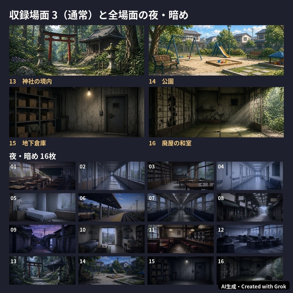 【TRPG・ココフォリア背景素材】現代日本の日常 32枚(教室、病院、駅、神社、廃屋ほか 通常+夜・暗め)【1920×1080/AI生成】