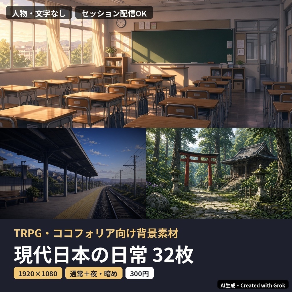【TRPG・ココフォリア背景素材】現代日本の日常 32枚（教室、病院、駅、神社、廃屋ほか 通常＋夜・暗め）【1920×1080／AI生成】