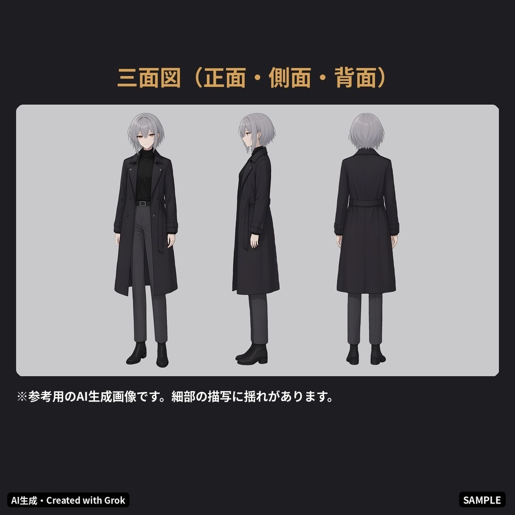 【VTuber・PNGTuber向け立ち絵素材】夜凪ミオ クールな伏し目のトレンチコート女子 表情差分18種・三面図付き【配信アバター利用OK】