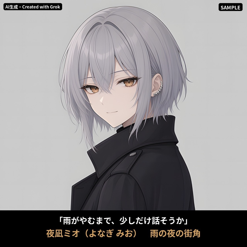【VTuber・PNGTuber向け立ち絵素材】夜凪ミオ クールな伏し目のトレンチコート女子 表情差分18種・三面図付き【配信アバター利用OK】