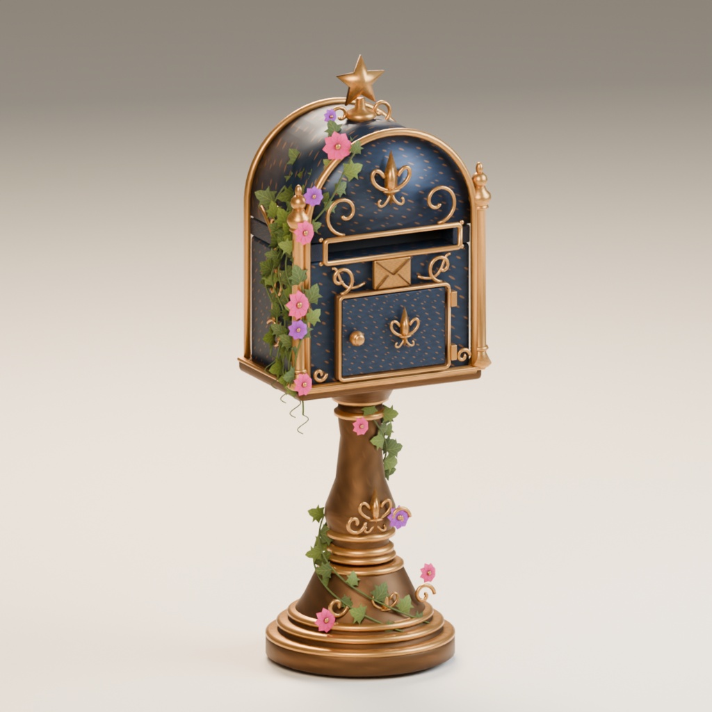 Asterwick Ornate Mailbox｜星と花の装飾郵便受け 3Dモデル【GLB / Unity・LOD対応】
