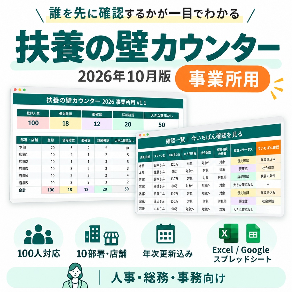 扶養の壁カウンター 2026年10月版（事業所用・100人・年次更新込み）Googleスプレッドシート／Excel
