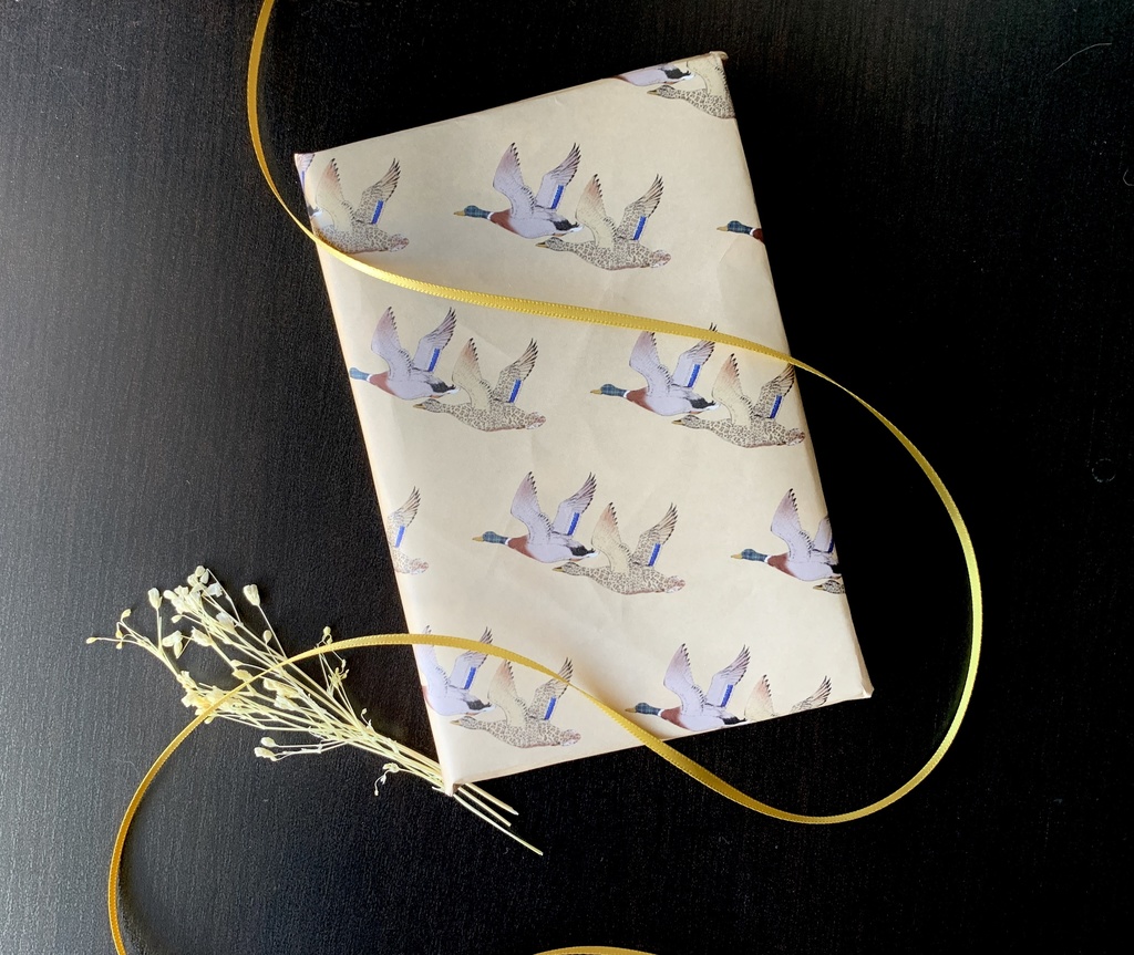 チェックやレオパード柄を楽しむ鴨のラッピングペーパー(10枚)