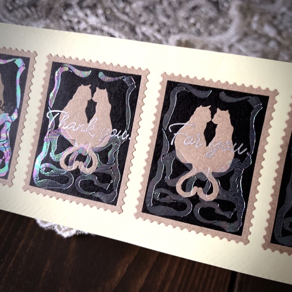 メッセージ選べる猫と魔法のリボン箔押しシール(5枚セット)