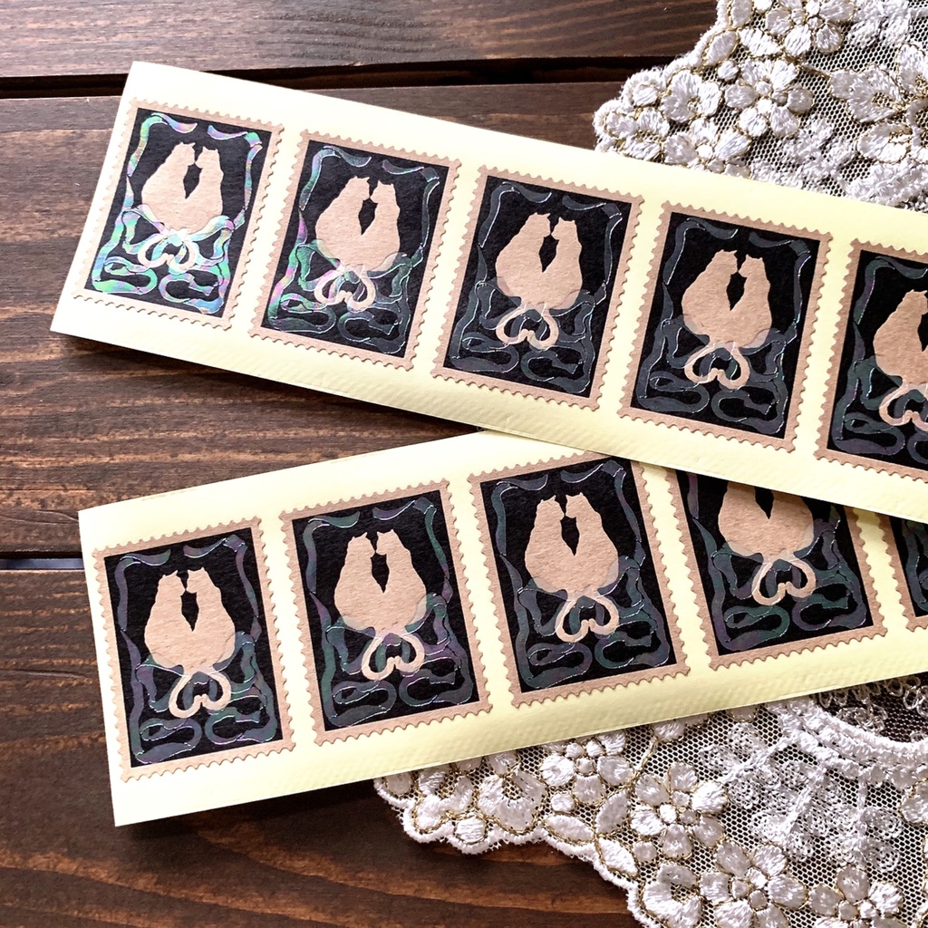 メッセージ選べる猫と魔法のリボン箔押しシール(5枚セット)