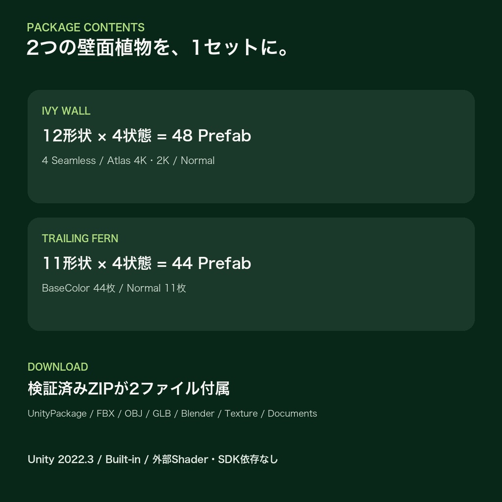 〖VRChat想定〗壁面グリーン2種セット|アイビー+しだれシダ・92Prefab
