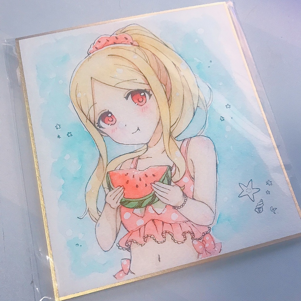 「水着とスイカ　望月聖」小色紙原画