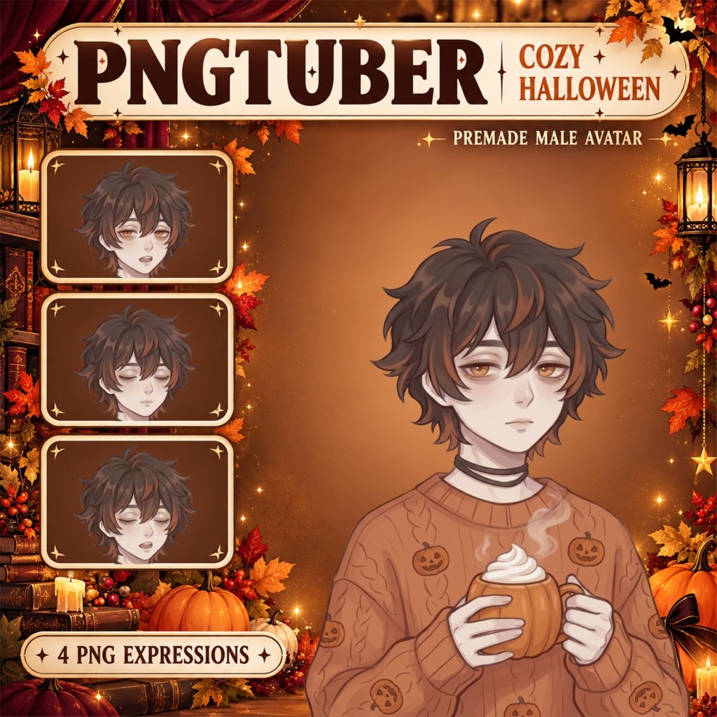 【PNGTuber】ハロウィンの男の子｜透過PNG4種・配信収益化OK / Cozy Halloween Male PNGTuber