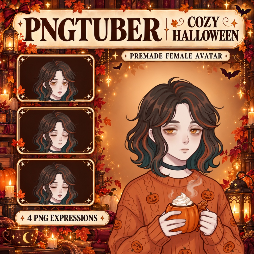 【PNGTuber】ハロウィンの女の子|透過PNG4種・配信収益化OK / Cozy Halloween Female PNGTuber