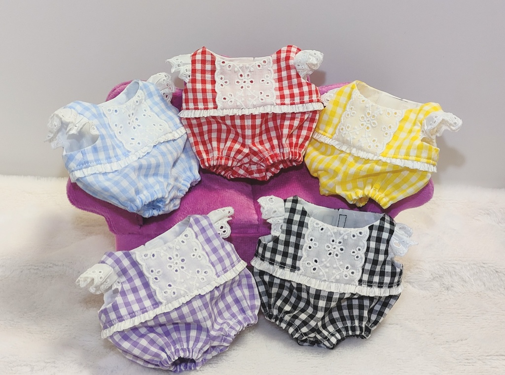 しっぽ付き20cmぬい用ギンガムチェックロンパース