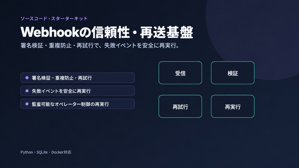 Webhook信頼性・再送スターターキット|署名検証・重複防止・再試行(Python)