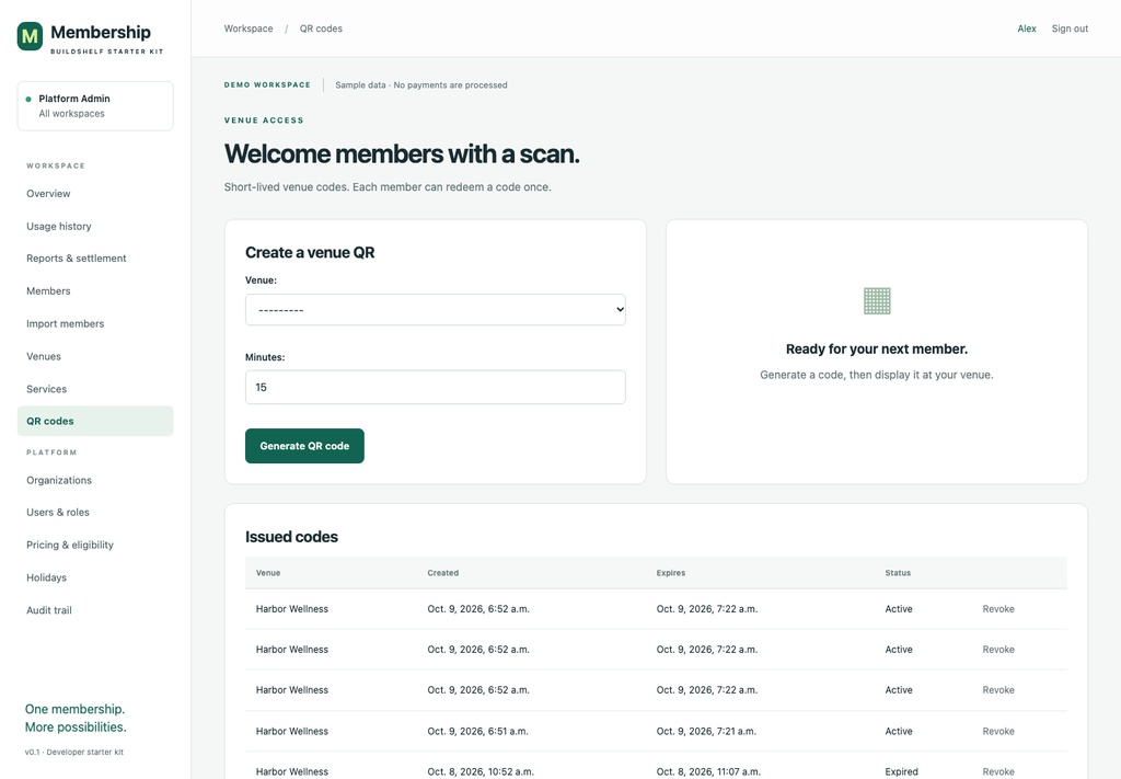 Membership, Credits & QR Check-in Platform Starter Kit