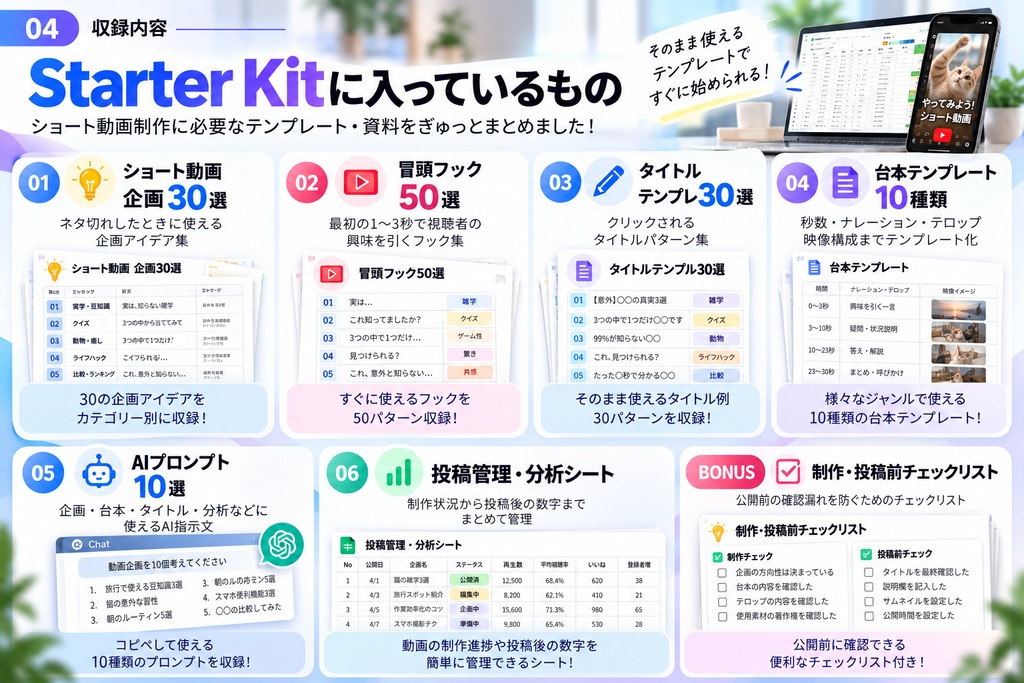 Shorts Creator Starter Kit|企画・台本・タイトルに迷わない ショート動画制作スターターセット