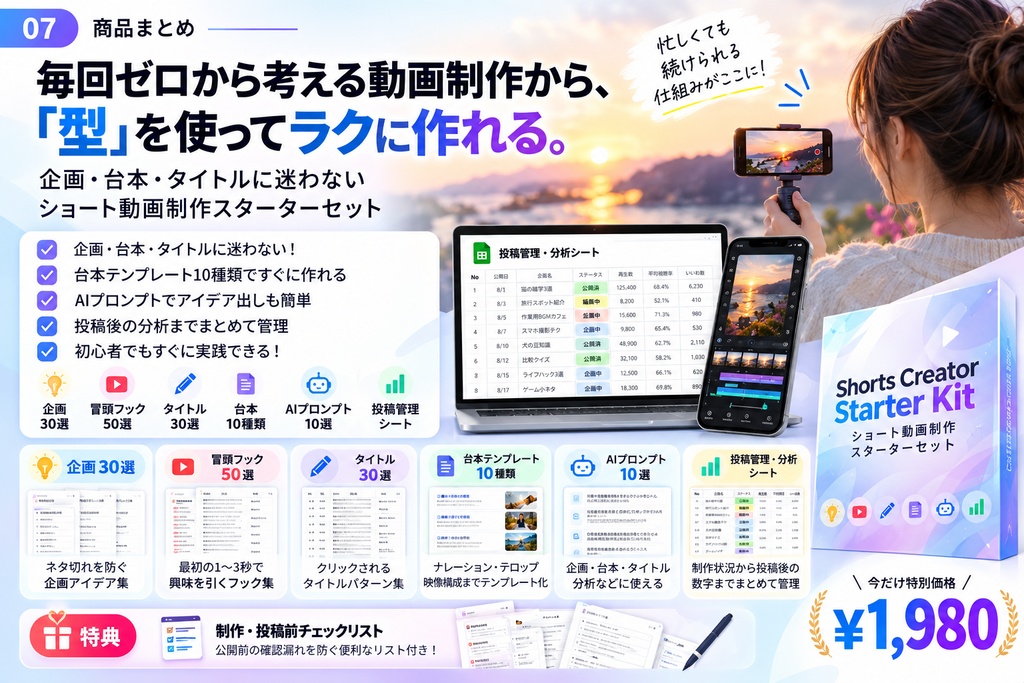 Shorts Creator Starter Kit|企画・台本・タイトルに迷わない ショート動画制作スターターセット