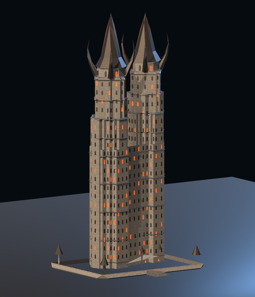 【無料】黒曜の双冠城 — 軽量サンプル【GLB・3D背景モデル】