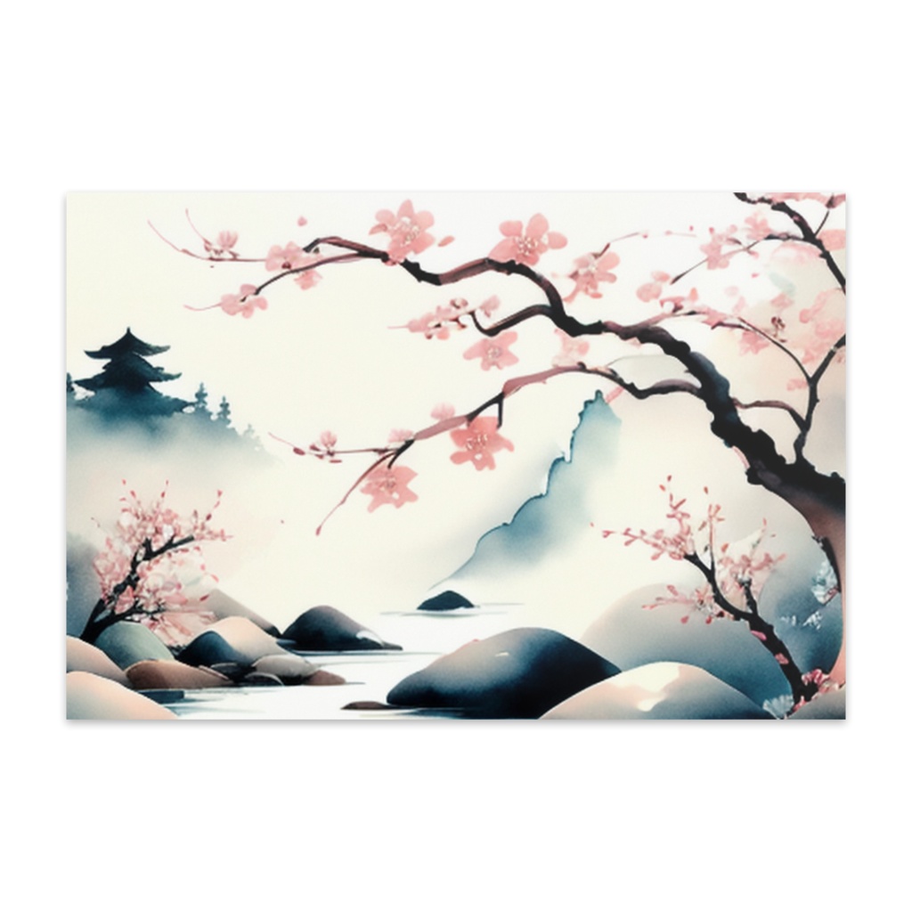 墨彩ポストカード・春景|和風アート×水墨タッチの桜風景