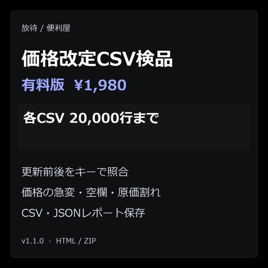 価格改定CSV 検品パック|価格の急変・空欄・原価割れを確認
