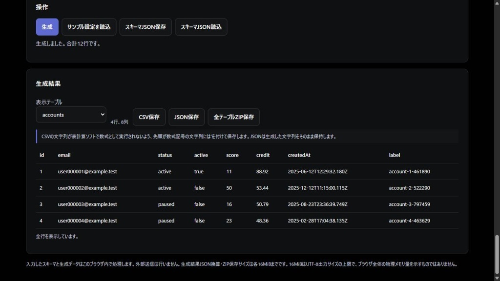 テストデータ生成(無料版・合計100行まで)