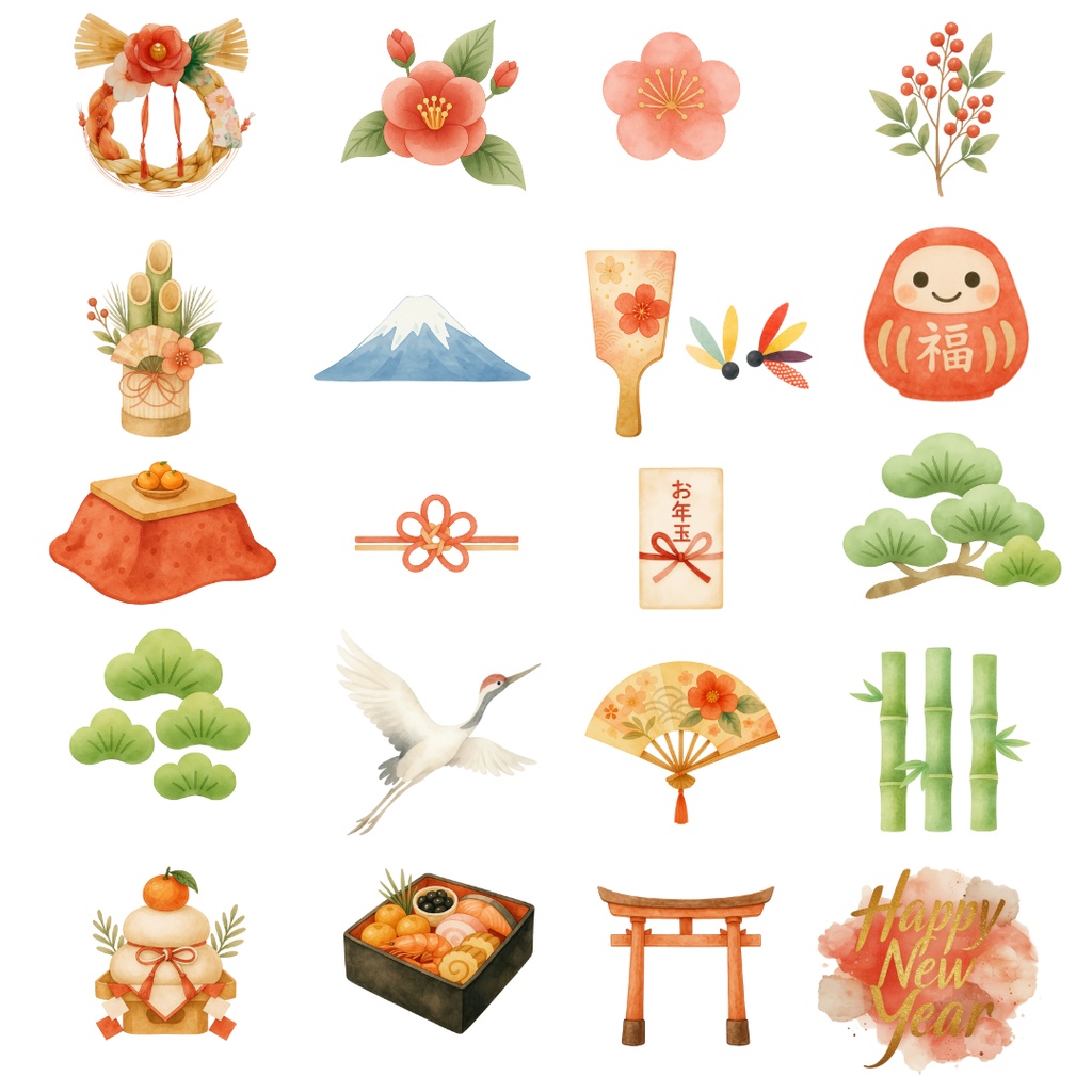 大人かわいい お正月クリップアート 21点セット|水彩風 PNG(透過)+和柄背景付き|年賀状・挨拶状・装飾に