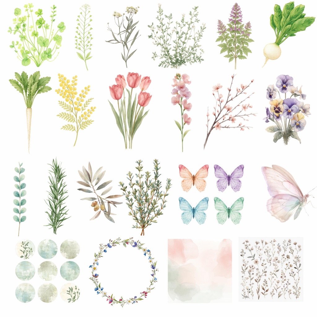 Spring Clip Art Set|春の水彩クリップアート 20PNG+背景デザイン2枚+Canvaテンプレ付き(商用利用可)