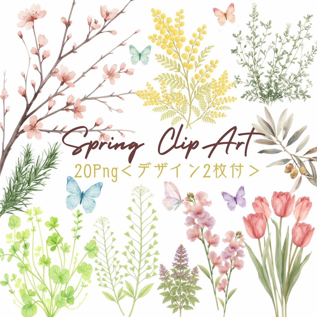 Spring Clip Art Set｜春の水彩クリップアート 20PNG＋背景デザイン2枚＋Canvaテンプレ付き（商用利用可）
