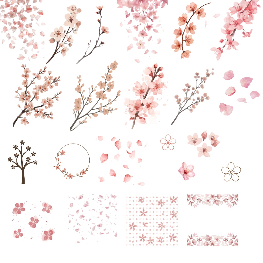 Sakura Clip Art|桜クリップアート 20PNG+背景デザイン2枚セット〈春・和柄・水彩・くすみピンク〉