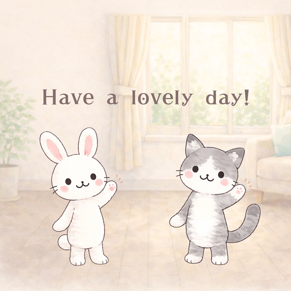 gentle friends|うさぎとねこのイラスト8点+部屋背景1点(PNG)