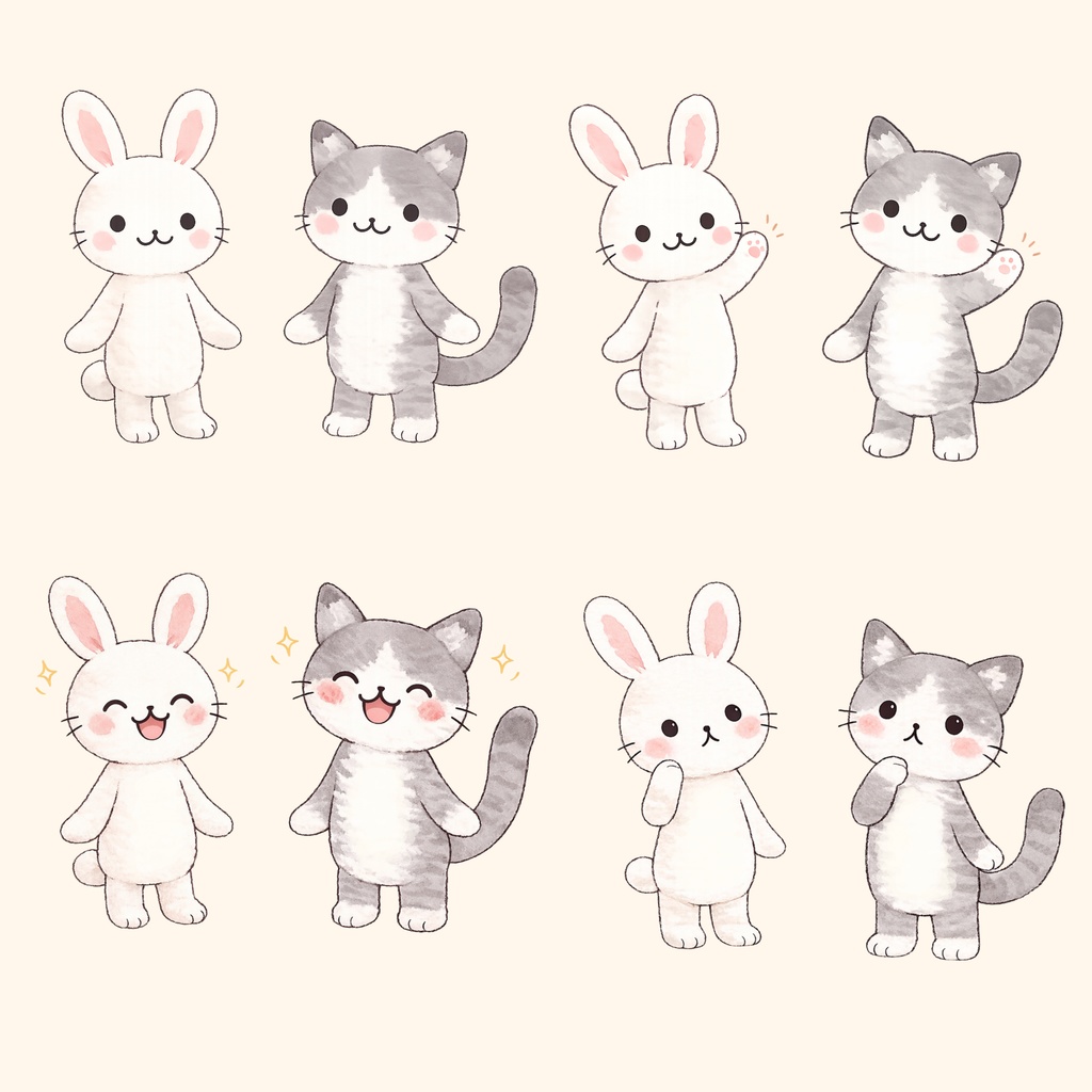 gentle friends|うさぎとねこのイラスト8点+部屋背景1点(PNG)