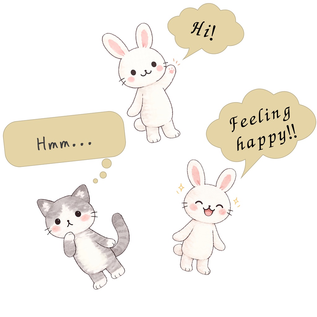 gentle friends|うさぎとねこのイラスト8点+部屋背景1点(PNG)