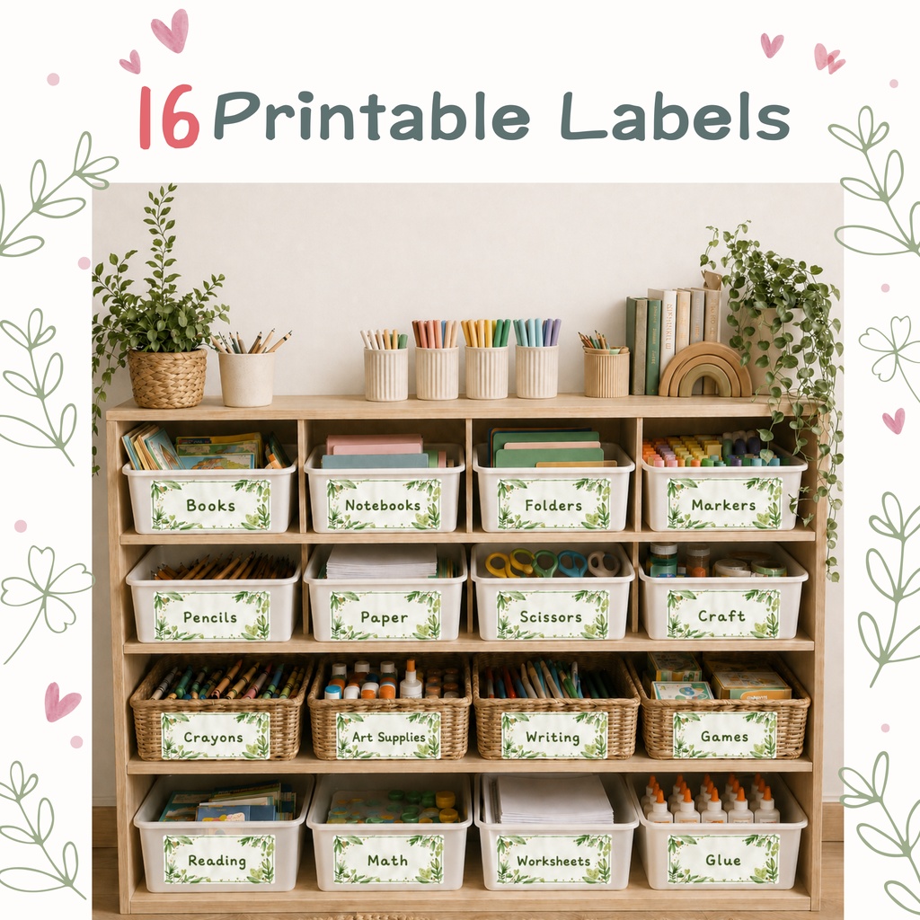 先生・ママ向け🌸かわいい収納ラベル16種（グリーン）｜教室・子ども部屋に