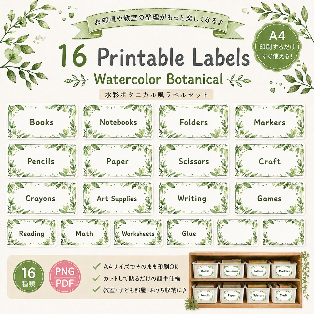 先生・ママ向け🌸かわいい収納ラベル16種（グリーン）｜教室・子ども部屋に