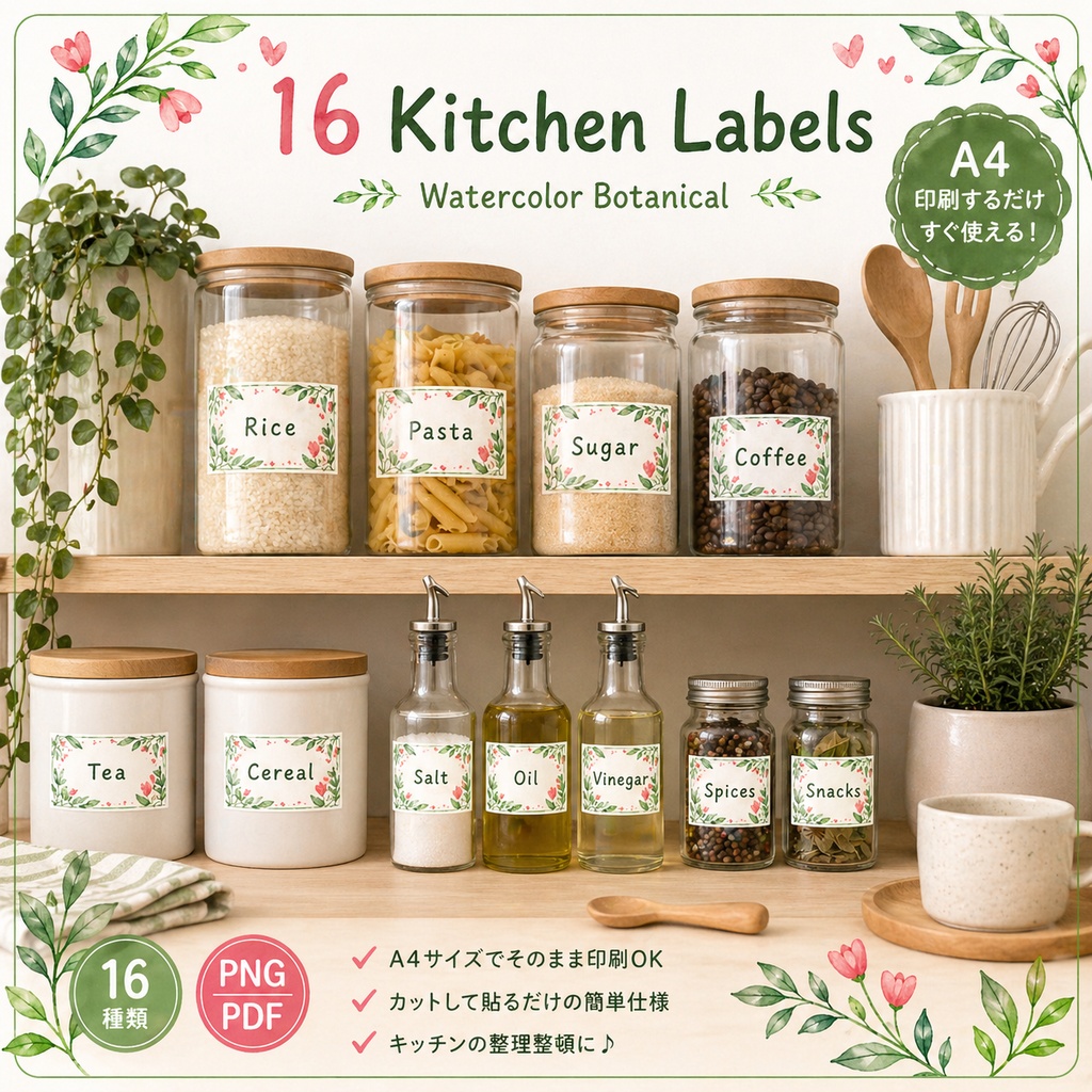 先生・ママ向け🌿かわいいキッチン収納ラベル16種（グリーン）｜おしゃれ整理ラベルセット