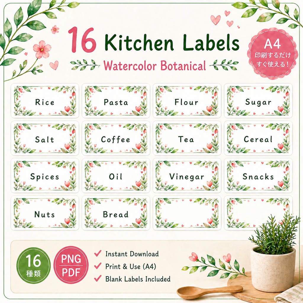先生・ママ向け🌿かわいいキッチン収納ラベル16種(グリーン)|おしゃれ整理ラベルセット