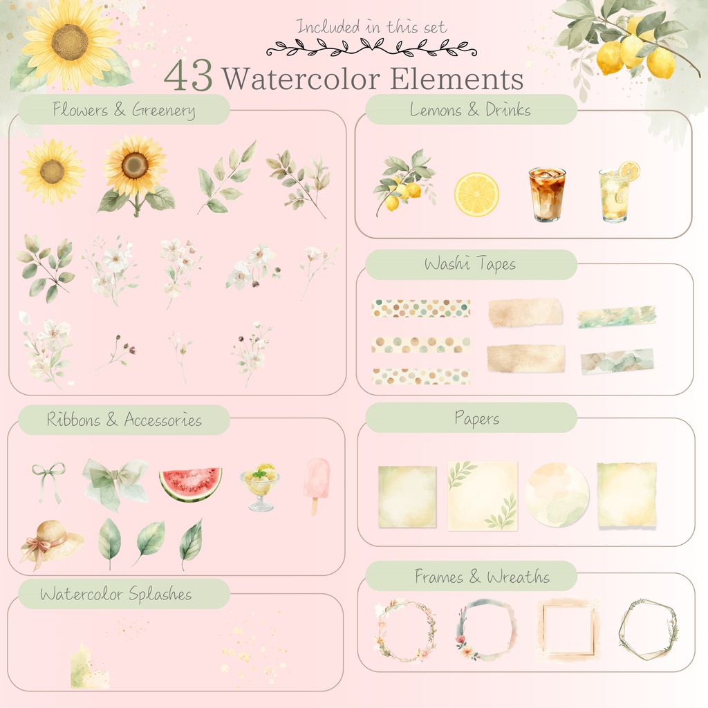 夏のレモンとひまわりの水彩素材セット|背景透過PNG 43点・商用利用OK