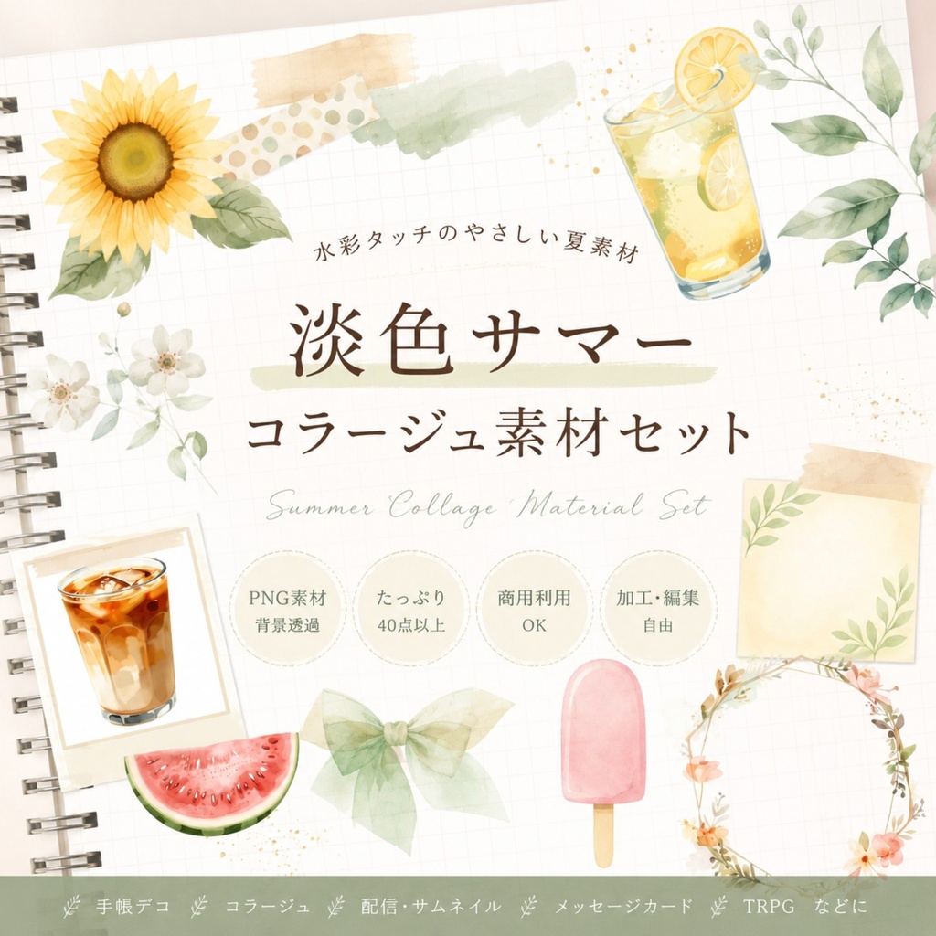 夏のレモンとひまわりの水彩素材セット｜背景透過PNG 43点・商用利用OK